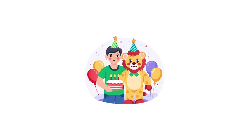 A flat style animated illustration showing a kid with his birthday toy
