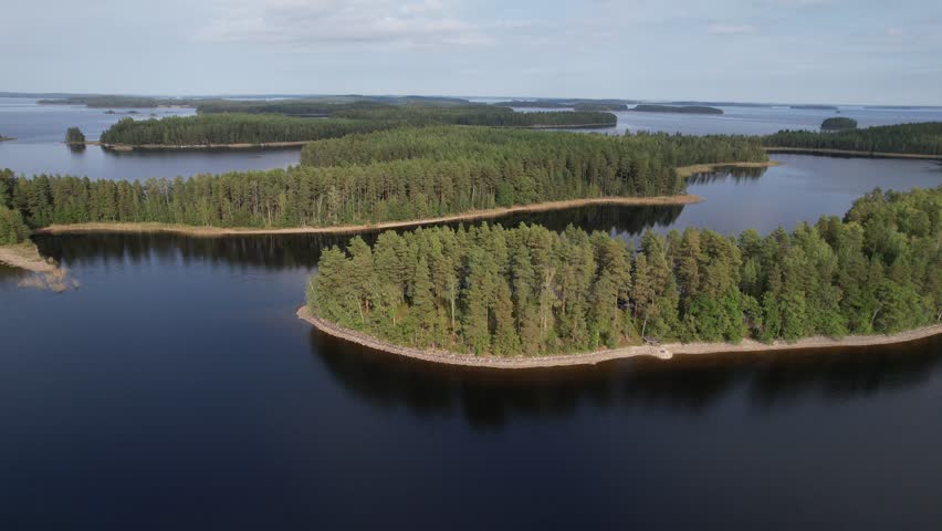 Aerial shot from island in the bautiful lake Saimaa which is the biggest lake from Finland.