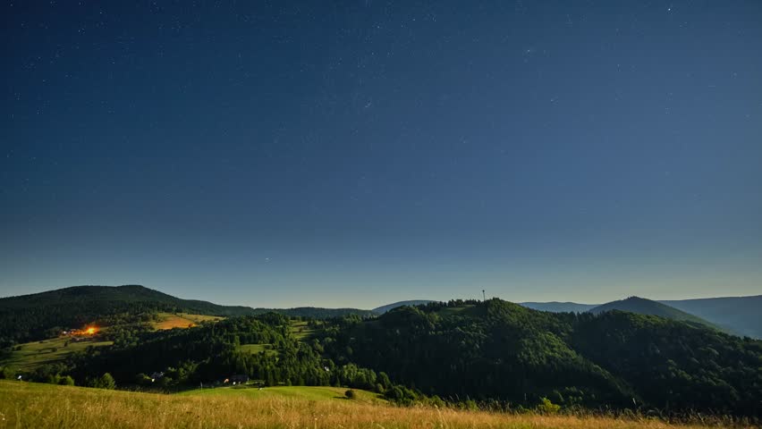 Stars move across the night sky over forests and rural landscapes under bright moonlight with Perseids falling.