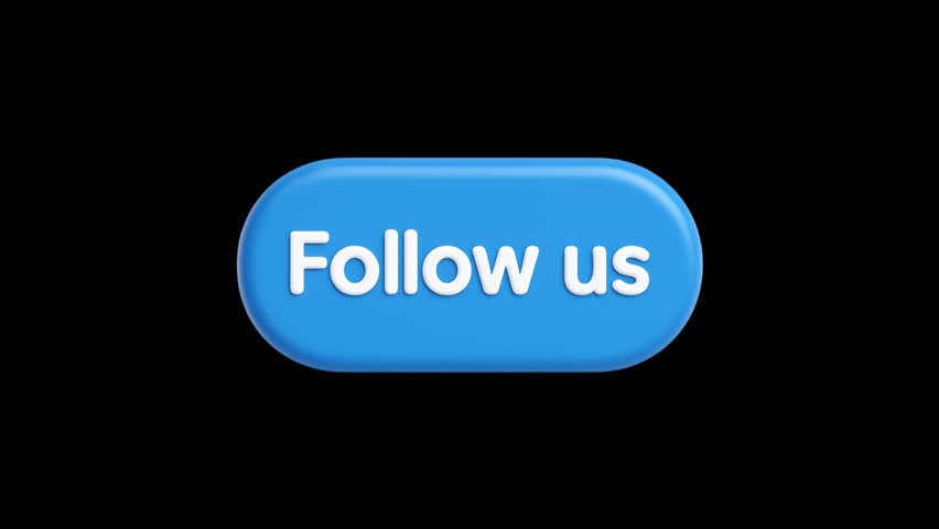 Glossy 3D blue Follow us button with bounce effect on black background. Perfect for social media promos, channel growth, audience engagement, influencer marketing, and digital campaigns