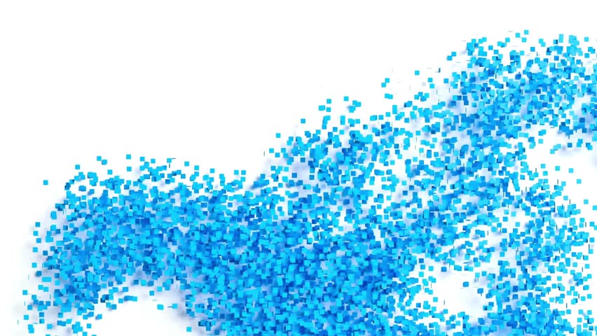 An elegant animation where blue particles swarm and coalesce to form a world map on a clean white background before dissolving back into a dynamic cascade.