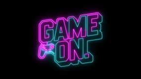 Neon "Game On" text with a stylized controller is set against a black background with transparent alpha channel. Modern e-sport theme. - Powered by Shutterstock - Get 15% off with code: PIKWIZARD15