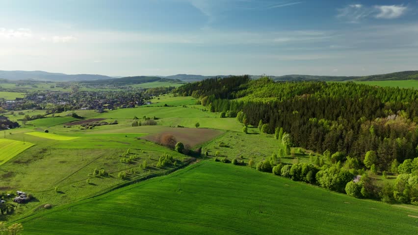 Charming Polish Village in Mountain Region with Country Road, Green Fields, and Blue Sky