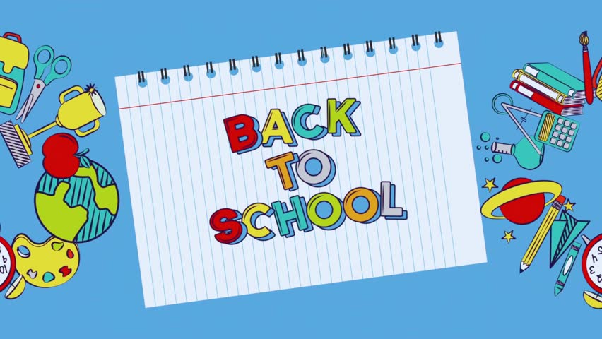 Creative back to school video animation featuring a register with learning accessories like pens, pencils, books, and rulers. Perfect for education, classrooms, presentations, and academic season 