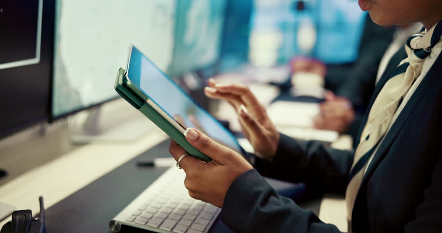 Work, hands and woman with tablet scroll in control room for satellite search, climate tracker or navigation. Meteorology, computer and person with digital app for weather surveillance or forecasting