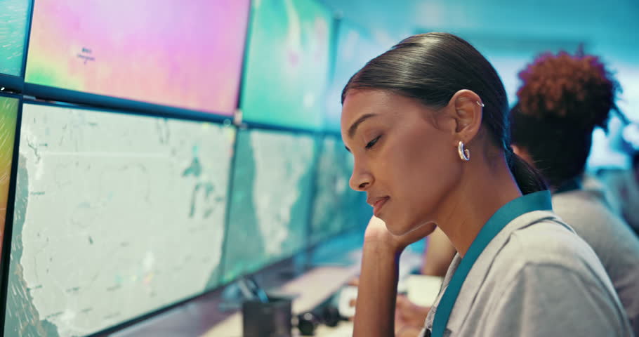 Stress, tired woman and headache in office for meteorology, exhausted and burnout by computer screen. Pain, fatigue and worker with migraine, sick or overwork with weather forecast for climate change
