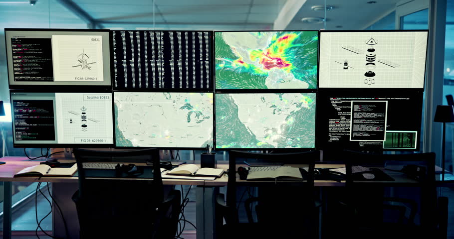 Computer, screen and satellite data in control room for weather pattern, climate prediction or storm tracker. Meteorology, maps and surveillance technology for atmosphere conditions or rocket launch