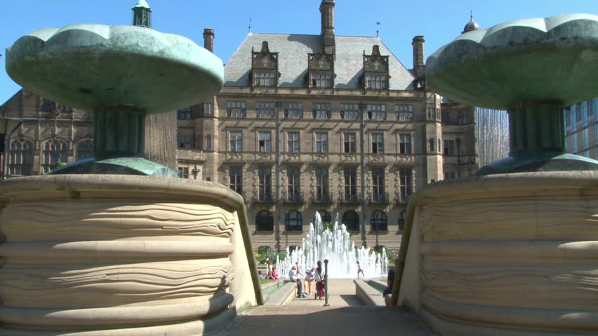 Active fountains in the Peace Gardens in front of Sheffield Town Hall.