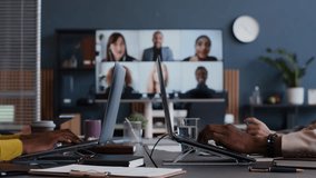 company employees having online business conference video call on tv screen monitor in board meeting room. Video Conference presentation, global virtual group corporate training. laptop computer hand - Powered by Shutterstock - Get 15% off with code: PIKWIZARD15