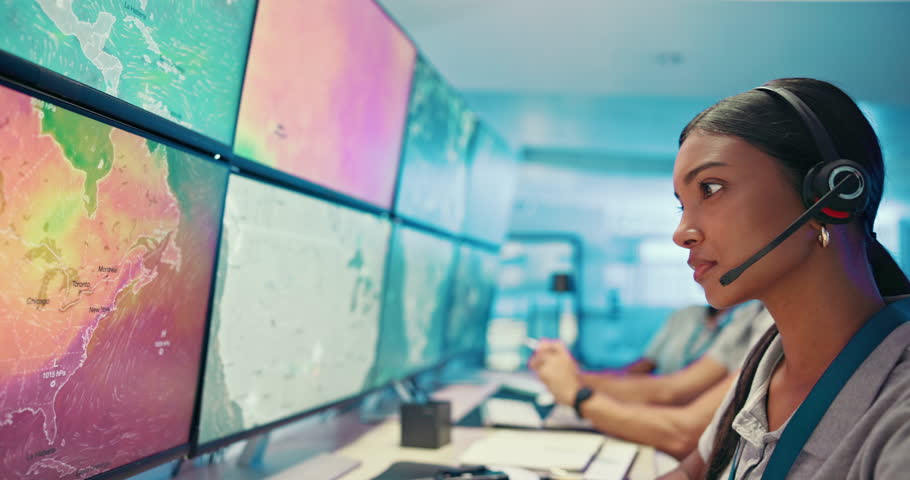 Computer, screen and woman with satellite, map and broadcast for news research. Ecology, journalist and weather person with forecast for headset report, meteorology update and climate change study