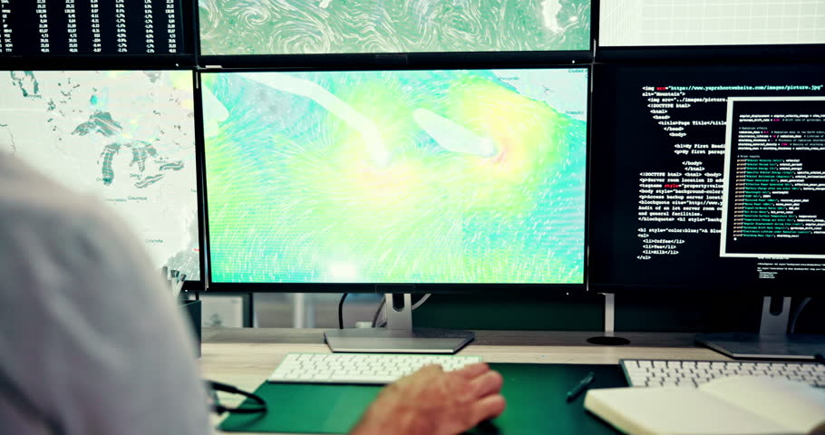 Computer screen, hand and weather with man in office to monitor climate, geology or meteorology. Display, satellite and search with person in air traffic control room of airport for forecasting