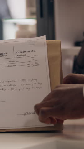 Medicine order receipt pharmacy package medication buying pills drugs vitamins health care pharmacist give paper bag with prescription customer at cashier counter drugstore purchase disease treatment