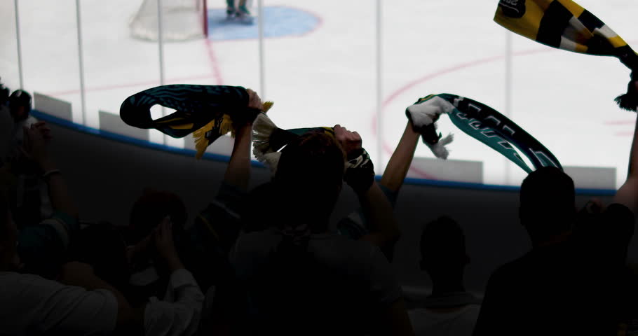 Cheering crowd silhouettes celebrate a victory at an ice hockey game.