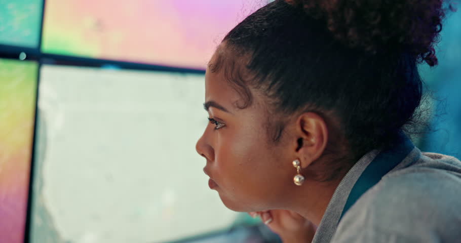 Computer, tired woman and eye strain in office for meteorology, exhausted and burnout on deadline. Stress, fatigue and meteorologist with headache by monitor for weather forecast and climate change