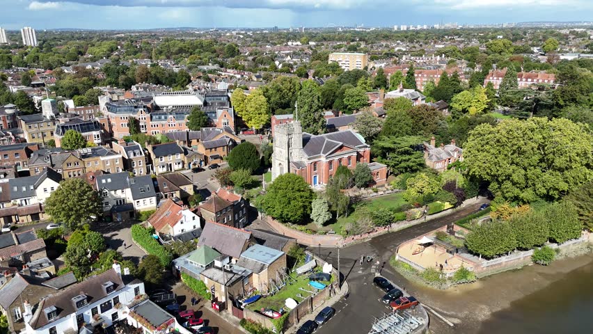 St Mary's Church, Twickenham UK on banks of River Thames drone,aerial