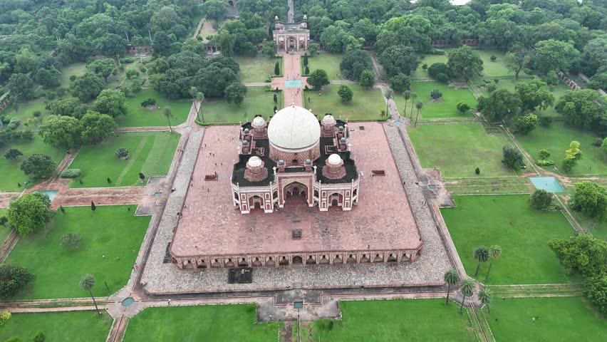 Aerial Shot of Humayun tomb in New Delhi, India