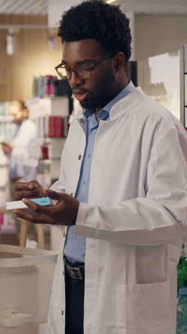 Pharmacist doctor help customer medicine recommendation advice buying pills vitamins in pharmacy health care products African American man Caucasian woman buy medication drugstore medical consultation