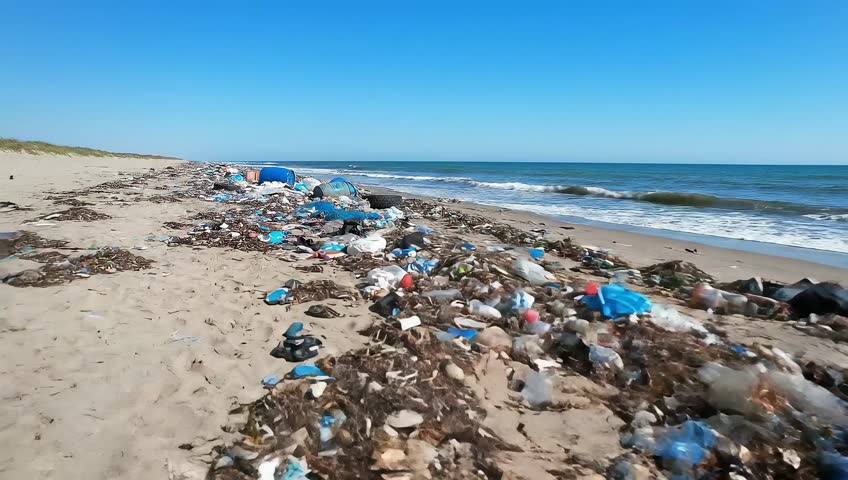 Plastic pollution waste on beach, cinematic environmental concept, 4K UHD realistic detail.