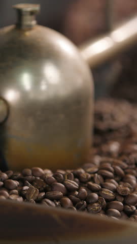 Coffee roasting machine hot beans roasted blend mix caffeine factory close up roaster automate circle blending processing grains roast at coffeehouse manufacture fresh aroma espresso cocoa texture