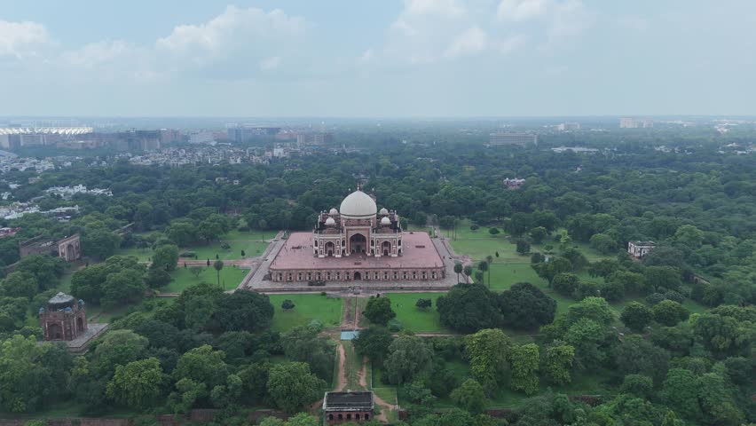 Aerial Shot of Humayun tomb in New Delhi