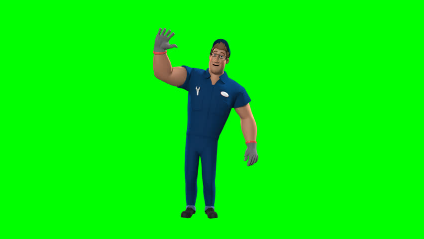3D mechanic character jumping in and waving on green screen, perfect for animation, video editing, business presentations, explainer videos, commercials, and creative digital projects.