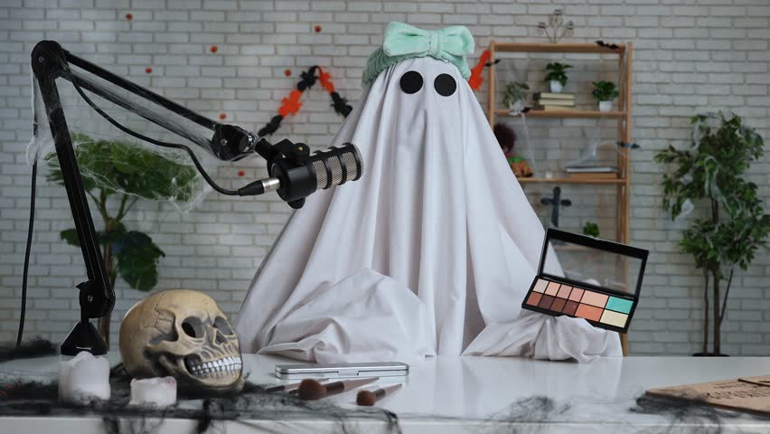 Halloween Ghost Host in Home Studio Setup with Makeup Palette