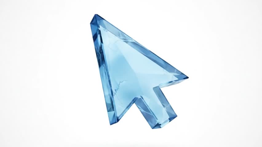 A digitally rendered, light-blue cursor icon, crafted to appear like fractured ice 3d animation video