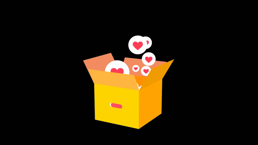 A minimalistic 3D animation of a gift box continuously releasing floating heart icons in various sizes. The hearts gently rise and fade, romantic and joyful atmosphere. Transparent backgroud
