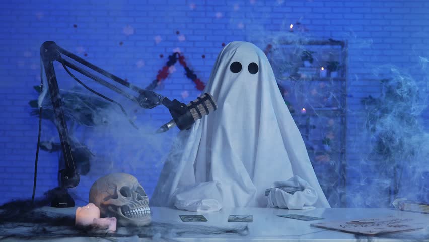 Ghost costume recording podcast or blog in a studio with blue light