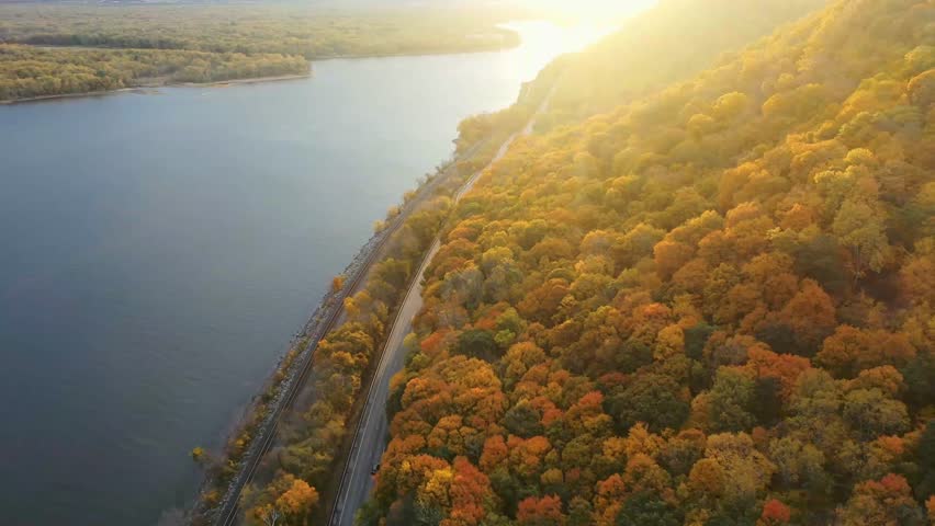 Forest and winding river under warm golden light of autumn evening, view from above.