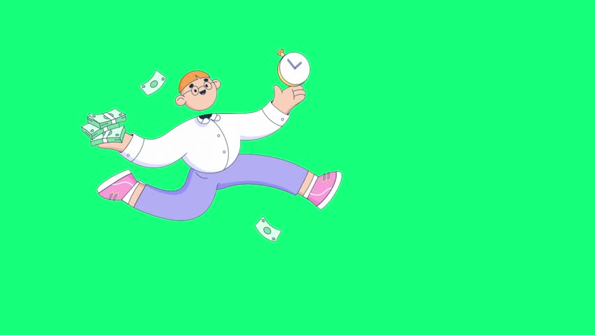 A cartoon man runs with money and a clock on a green screen background. Hurry, time is money. This image features a transparent background, making it versatile for various design projects.