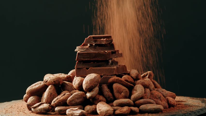  Cocoa powder texture on wooden chocolate background, sweets beans and Spoon with aromatic coffee cacao chocolate macro close up
