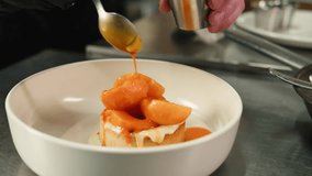 Layered cheesecake with peaches dessert pie in restaurant on white wooden background. top view - Powered by Shutterstock - Get 15% off with code: PIKWIZARD15