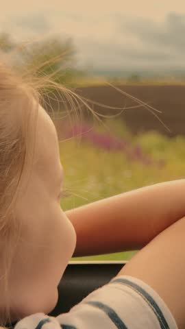 Little girl dreaming out the car window, Summer road trip with family, Fields passing by the window, Child lost in thought, Wind in her hair as she looks outside, Countryside adventure, Peaceful