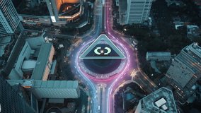 Busy roundabout in an Asian metropolis at night with glowing augmented reality data overlays. Cars drive in the streets, showcasing the city's technological advancement - Powered by Shutterstock - Get 15% off with code: PIKWIZARD15