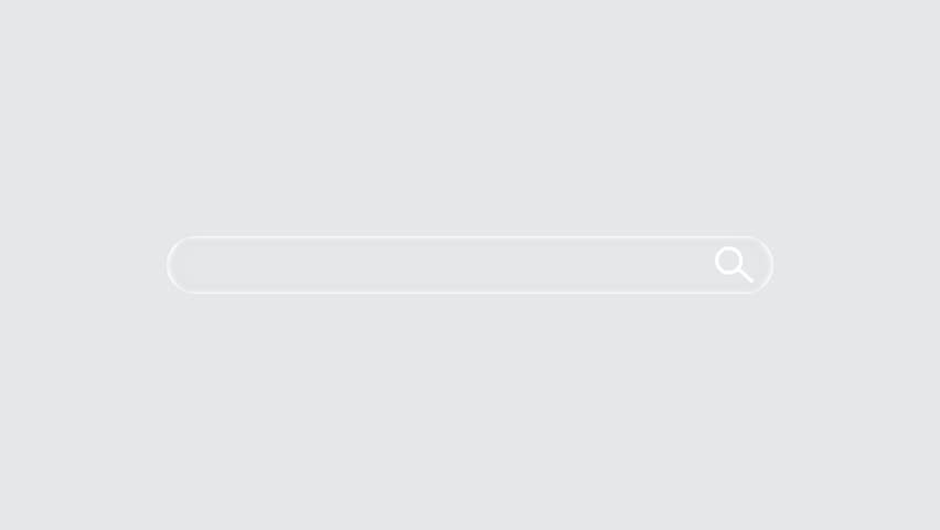 Liquid glass search bar animation with dynamic motion and magnifying glass icon on grey background and green screen. 4K animated for searching information, text box, and explainer video.