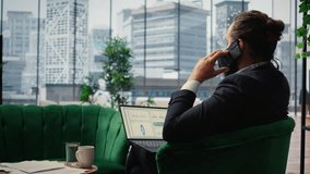 CEO engages in a phone call briefing with investor and sharing insight on sales analytics, discussing about a potential investment for growth. Partnership opportunities and ideas. Camera A. - Powered by Shutterstock - Get 15% off with code: PIKWIZARD15