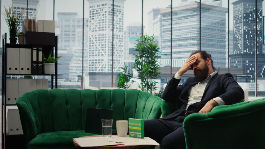 Concerned CEO taking an aspirin to ease the headache due to stress, feeling a discomfort and using painkillers. Tired uncomfortable boss deals with a migraine, burnout and tension. Camera A.