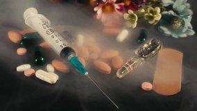 Pharmacy Syringe Medicine Glass Capsules and Pills Surrounded By Flowers - Powered by Shutterstock - Get 15% off with code: PIKWIZARD15