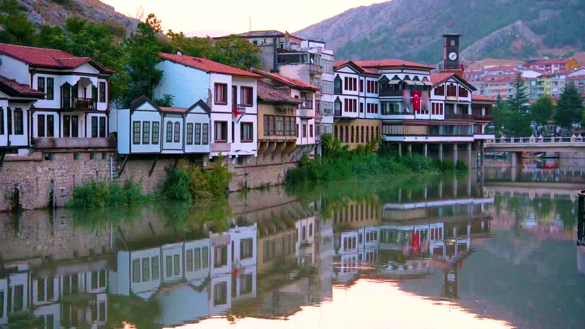 Historical Ottoman Houses Along Yesilirmak River in Amasya, Turkey at Sunrise