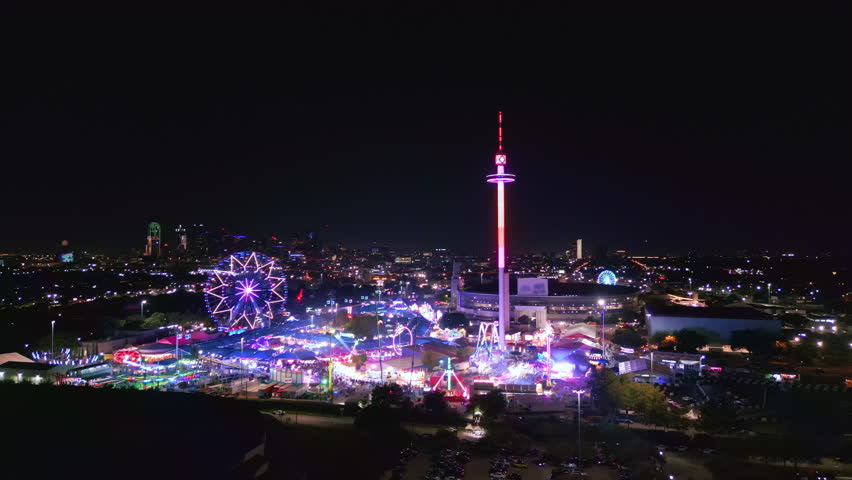 Texas State Fair in Dallas wide aerial shot with city skyline in the background. 