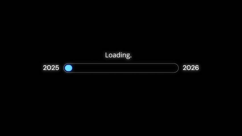 Loading bar from 2025 to 2026 with glowing blue progress on black background, modern new year 2026 transition graphic. Transparent background in 4k alpha channel - Powered by Shutterstock - Get 15% off with code: PIKWIZARD15