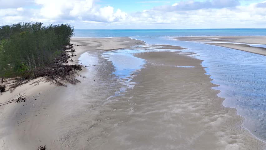 Drone glides above tidal sandbanks, clear water, and rainforest edge under bright daylight