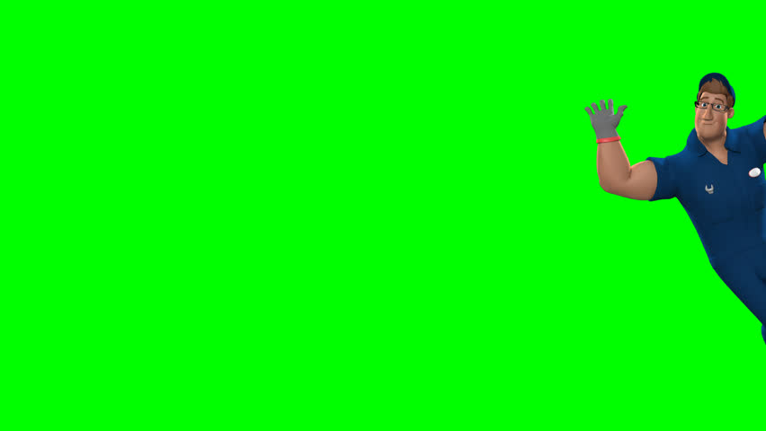 3D mechanic character sliding in and waving on green screen, perfect for business presentations, explainer videos, ads, and digital projects requiring friendly technician motion.