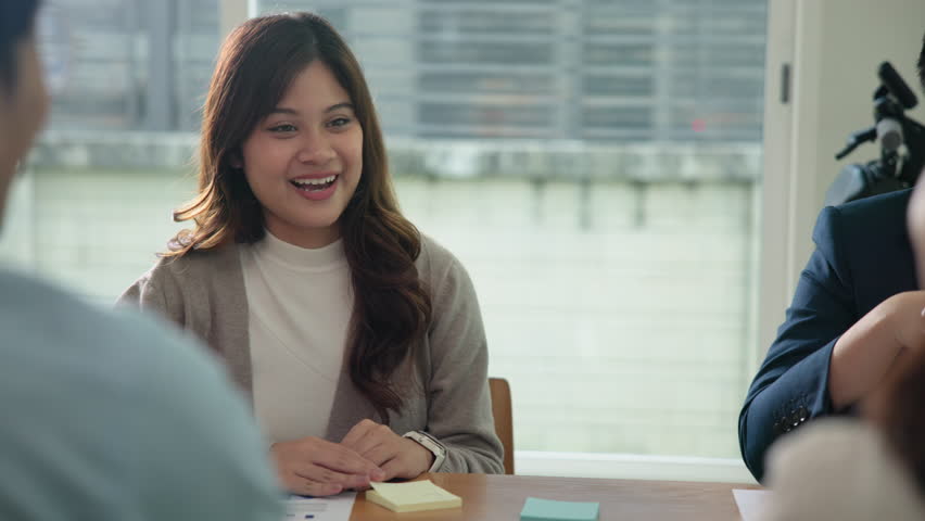 Happy workplace diverse team group young adult gen Z asia people man woman candid work at office class enjoy talk laugh relax idea advice in go green eco friendly future growth worker mental health.