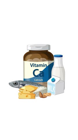 Calcium supplement bottle with milk, cheese, fish, and nuts appears on white background, smooth transitions