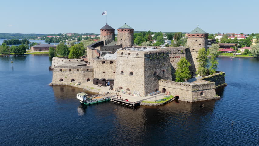 Aerial view in front of the Sankt Olofsborg castle, summer in Savonlinna, Finland