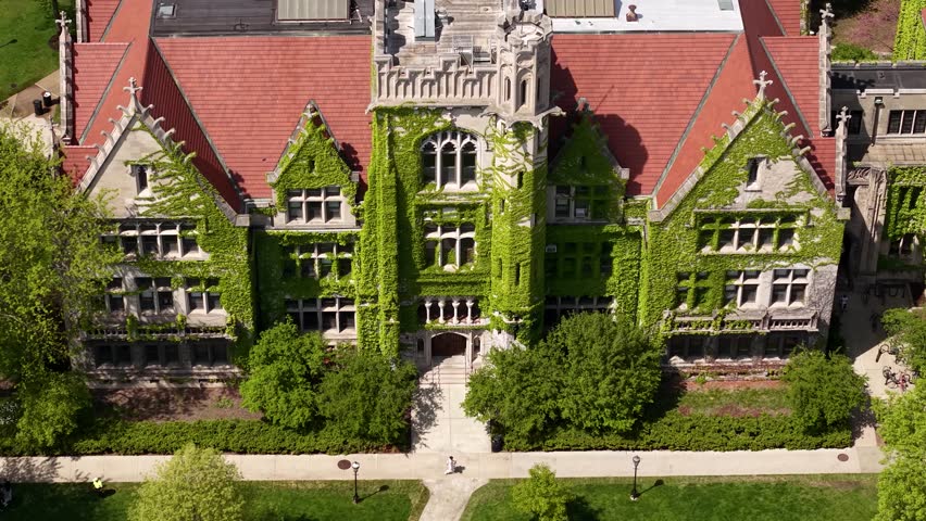University of Chicago Campus, Drone Shot of Vintage Gothic Hall Buildings With Climbing Plants on Walls
