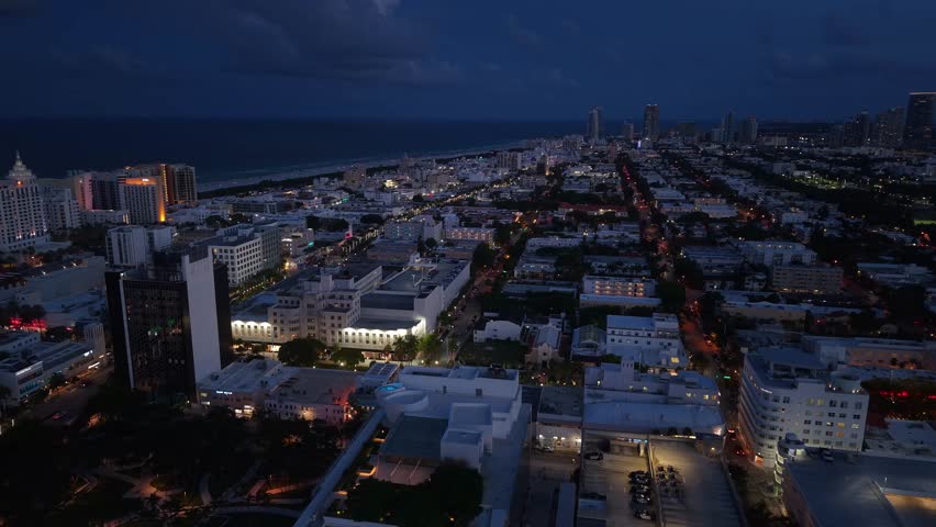 Aerial View of Miami Beach in Twilights, Streets and Buildings, Florida USA