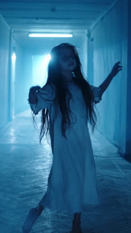 Creepy child slow motion dance horror cosplay haunted corridor dim flickering lamp dirty white gown messy hair spooky Halloween frightening vibe cinematic eerie ghostly atmosphere scary scene